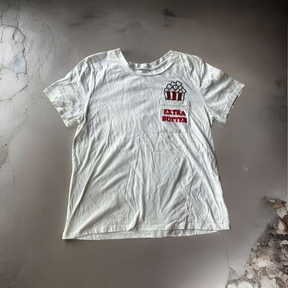 Love Peace & Lazy Days Shirt Sz L Juniors T-shirt White Extra Butter Movie Crop - Picture 1 of 10